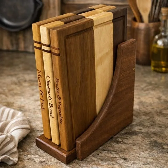 Three engraved cutting boards for meat, cheese and produce in a walnut stand