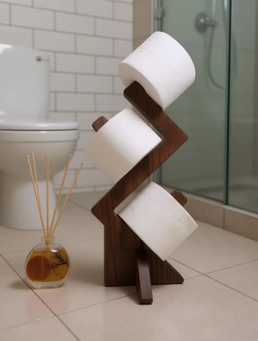 Zigzag walnut stand holding three rolls